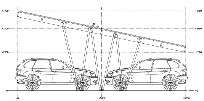 Technische Zeichnung des Doppel-Carports mit Massangaben und 12 Grad Dachneigung