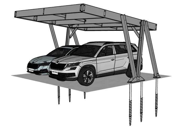 Visualisierung eines einzelnen Photovoltaik-Carports mit zwei Fahrzeugen