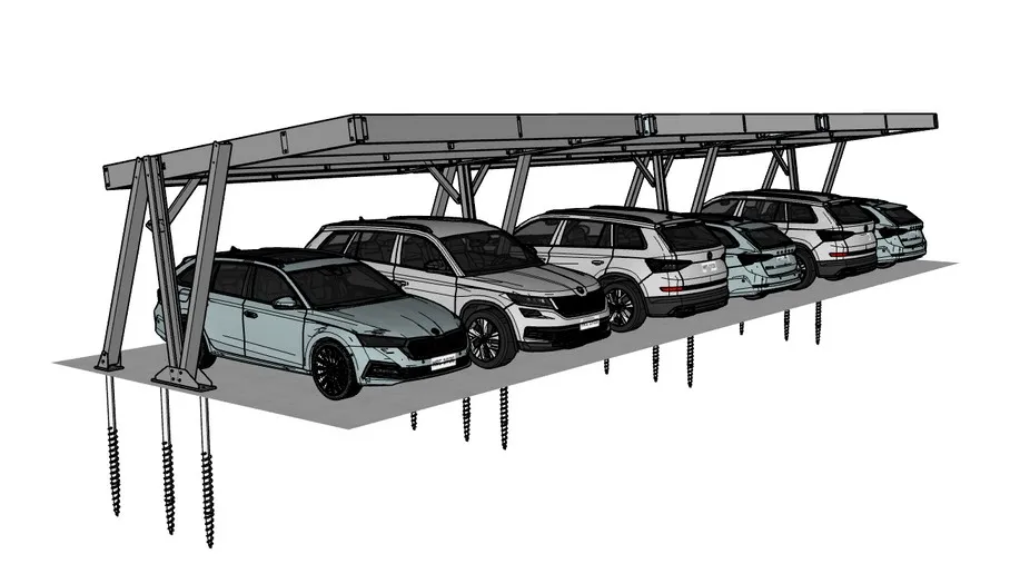 Visualisierung einer Carport-Reihe mit Fahrzeugen auf Schraubfundamenten