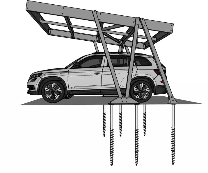 Seitenansicht des Carports mit Fahrzeug und Schraubfundamenten im Boden